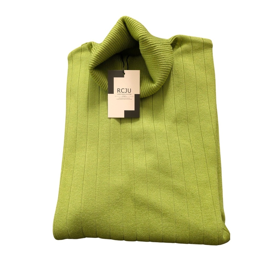RCJU Men's Ribbed Knit Turtleneck Sweater Stylish Green Pullover Top L